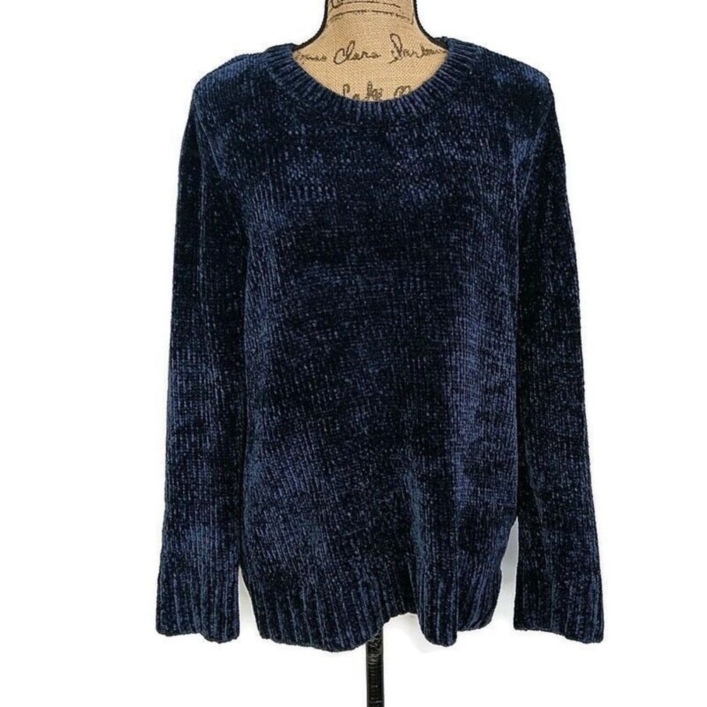 Orvis Womens sz M Sweater Blue Chenille Ribbed Knit Trim Pullover‎
